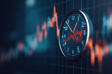 Conceptual image representing "time is money" in financial markets. Features a clock face overlaid on a blurred stock market chart with fluctuating red and blue lines.