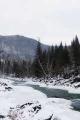 winter in the mountains, nature photography, mountain river