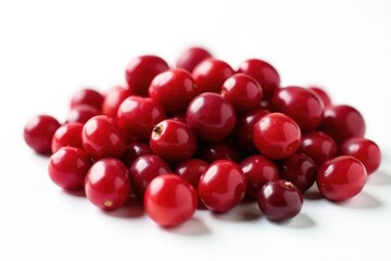 Crisp white background showcases a pile of dried cranberries , red, fruit, white background