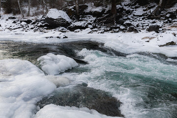 winter in the mountains, nature photography, mountain river close-up