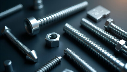 Intricate depiction of screw and bolt components meticulously organized to reflect superior quality control innovation and industrial functionality in  Photo Stock  Concept  and empty space on the lef