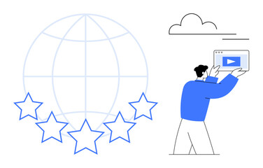 Man holding a tablet representing video content. Globe and five stars illustrate global reach and premium quality. Ideal for marketing, business, branding, education, strategy, recognition, simple