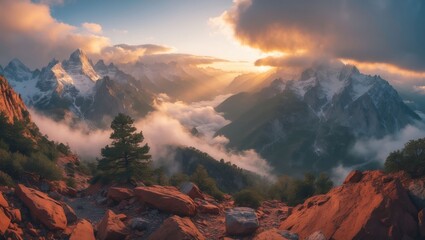 Obraz premium Mountain view at sunrise with fog