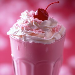 Pink milkshake with whipped cream and a cherry on top