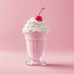 Pink milkshake topped with whipped cream and a cherry against pink backdrop