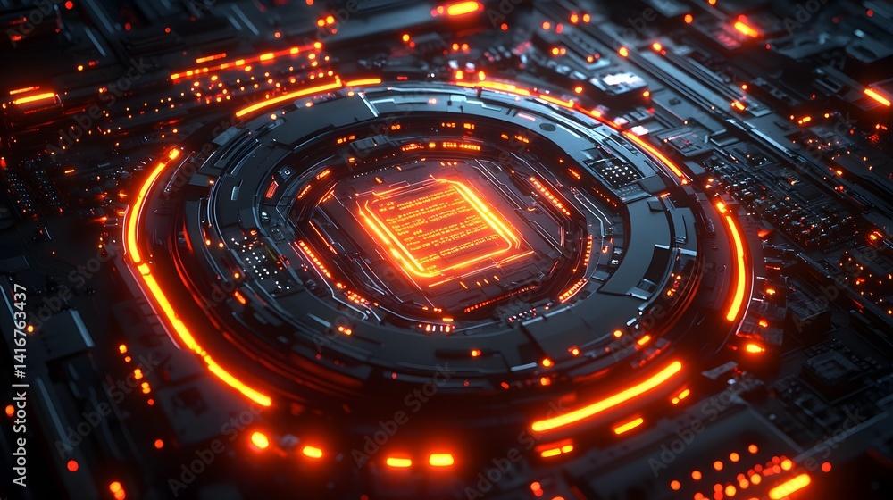 Poster high-tech circuit board with glowing central processor.