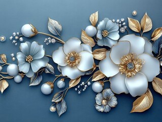 Exquisite floral artwork features delicate blossoms adorned with pearls and metallic accents against a rich, deep blue backdrop. A visual celebration of nature's beauty and timeless elegance.