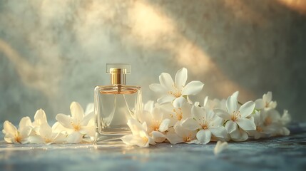 Obraz premium Elegant Perfume Bottle with White Flowers for a Luxurious Scent Concept