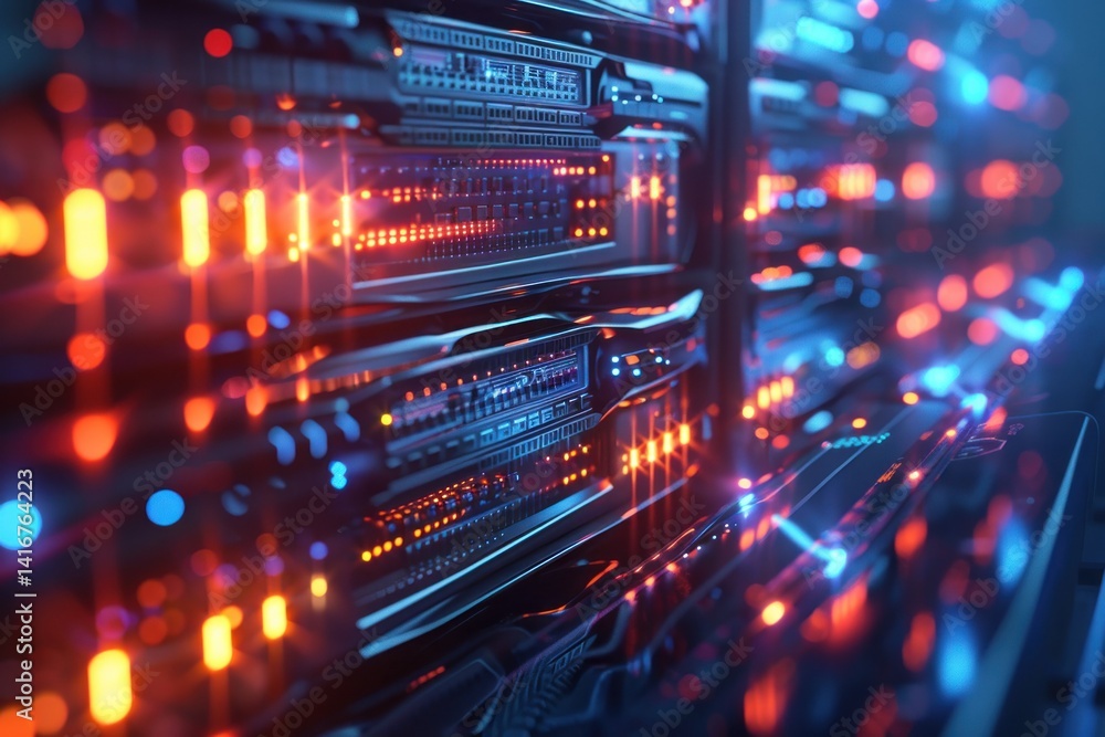 Aufkleber close-up of illuminated servers in a data center, showcasing technological advancement and digital i