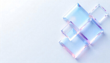 This image presents a clean, futuristic 3D abstract design composed of transparent geometric frames, primarily in the shape of diamonds or rhombuses, floating in a diagonal alignment across a white ba