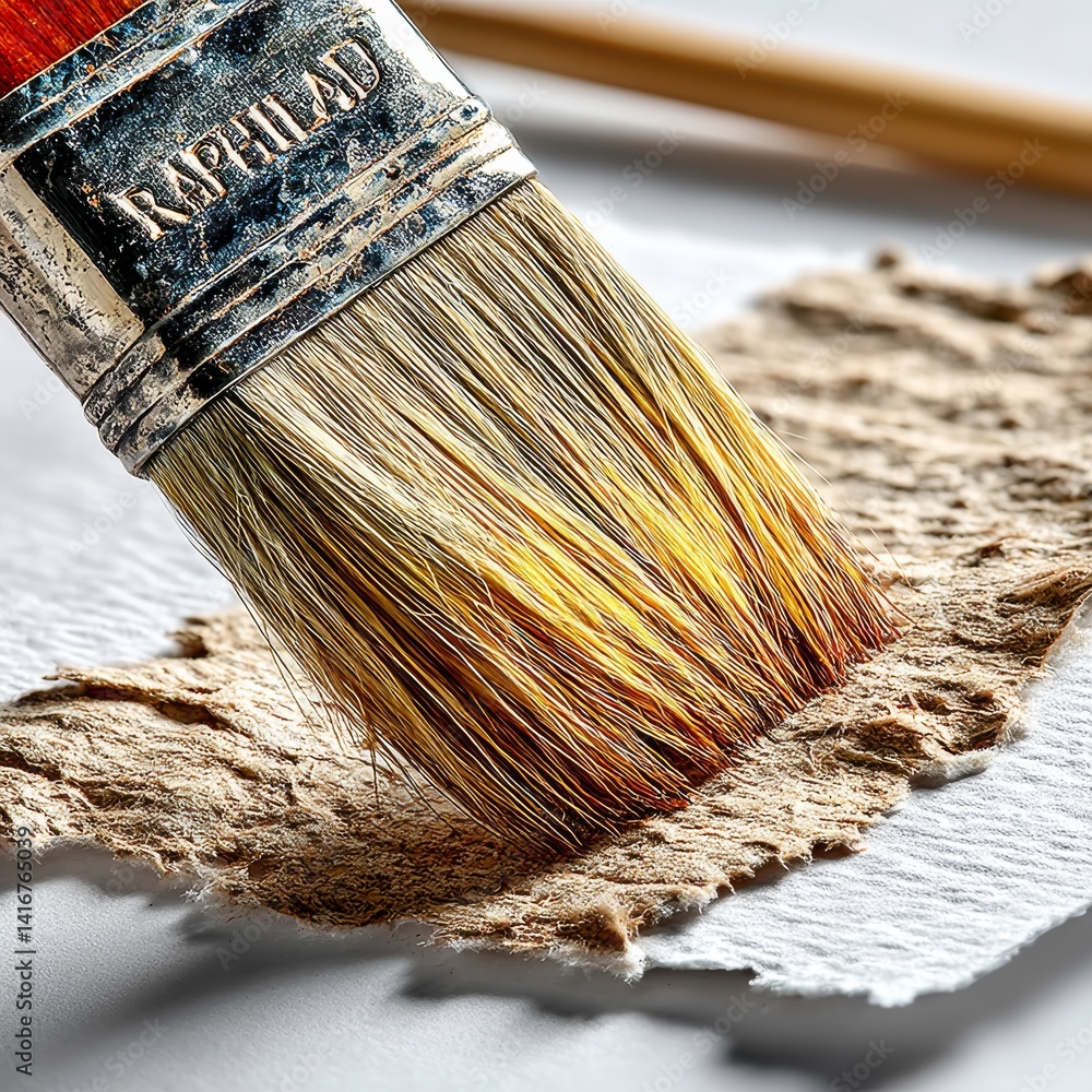 Aufkleber applying paint with a raphia brush: texture and detail in close-up art exploration