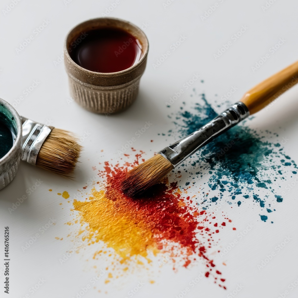 Poster Artistic Expression: Paintbrushes with Vibrant Colors Creating Abstract Artwork on a White Surface, Showcasing Creativity