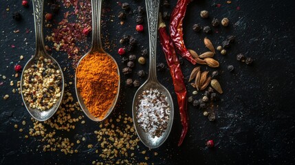 Spices in metal spoons on black background with chili
