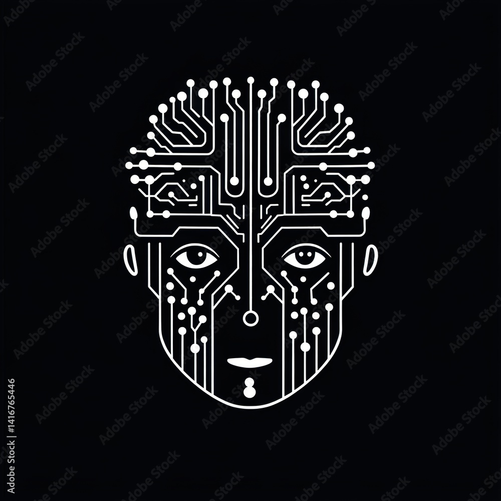Poster digital face portrait in white outline with circuit board brain on black background for future techn