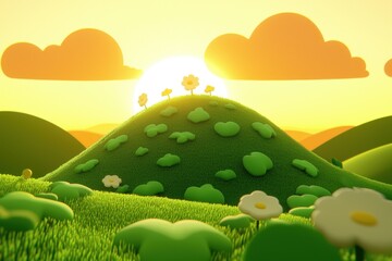 Cute meadow with daisy flowers on a green hill under a beautiful yellow sunset sky