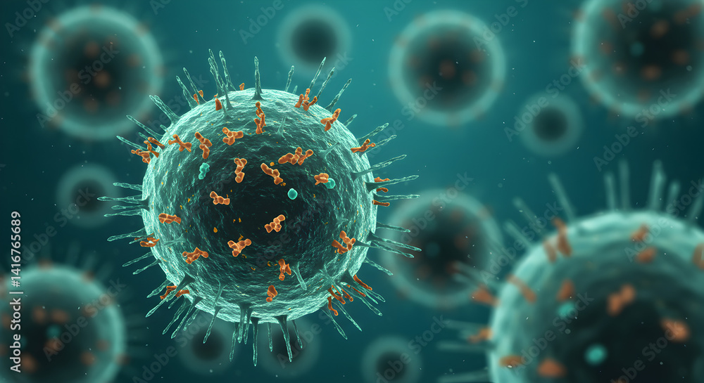 Poster detailed microscopic rendering of multiple viruses with spikes in a blue background