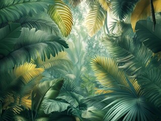 Lush tropical foliage, vibrant green and golden palm leaves create a dense, immersive jungle scene. 