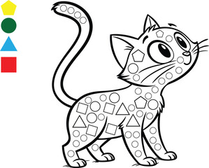 Cute cartoon cat coloring page with geometric shapes