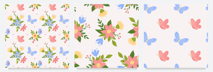 Floral seamless patterns with daisy rustic flowers. Collection of kids cute prints for textile wrapping scrap paper. Simple  vector illustration