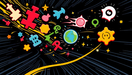 Colorful Abstract Cosmic Design with Various Symbols and Icons