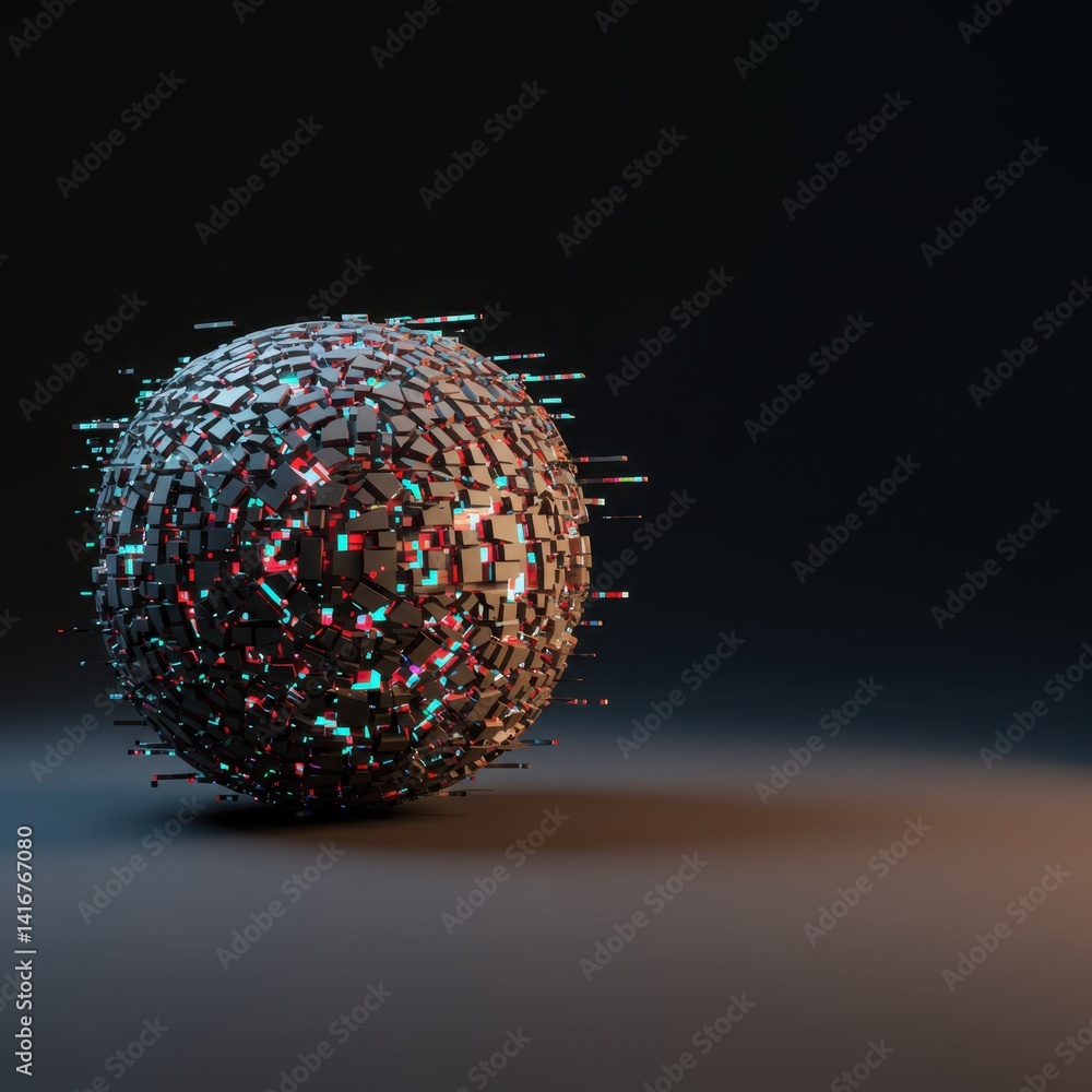 Poster abstract 3d render of a fractured sphere with glowing cubic fragments and energetic beams