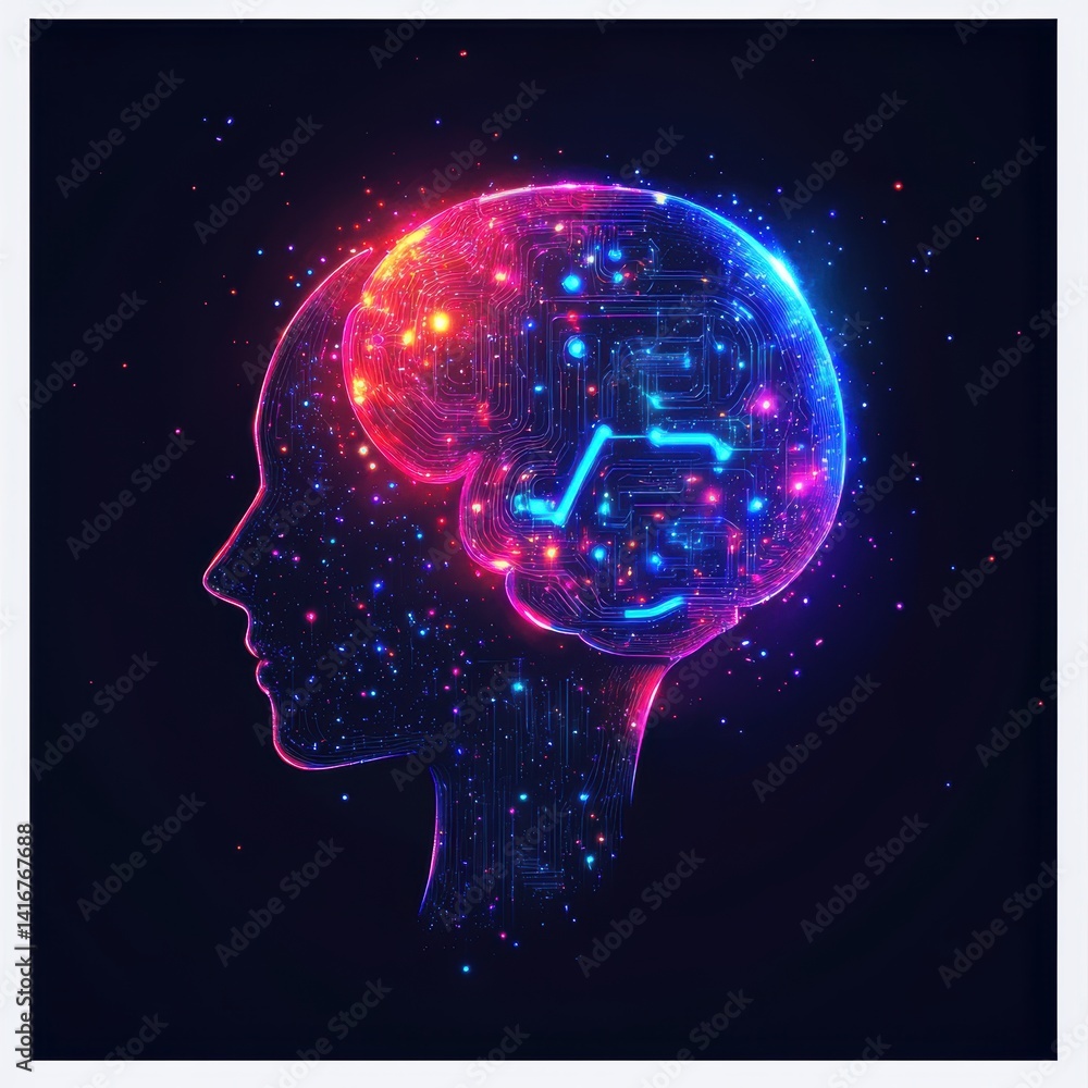 Aufkleber artificial intelligence head profile with digital circuit brain design