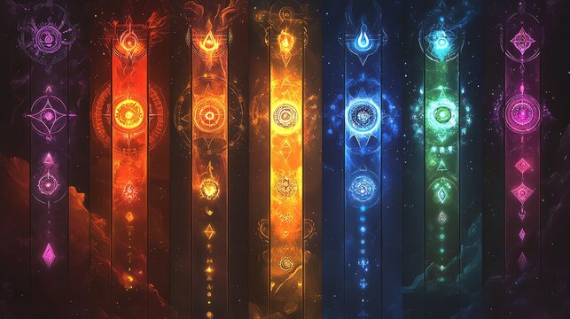 A serene visualization of chakra symbols gently pulsing in vertical alignment, embodying balance and energy flow.