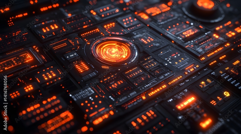 Poster intricate circuit board with glowing orange components.