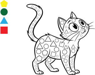 Cute Coloring Page Cat with Geometric Shapes for Kids