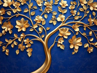 Golden tree with gold leaves and flowers on a blue background.  