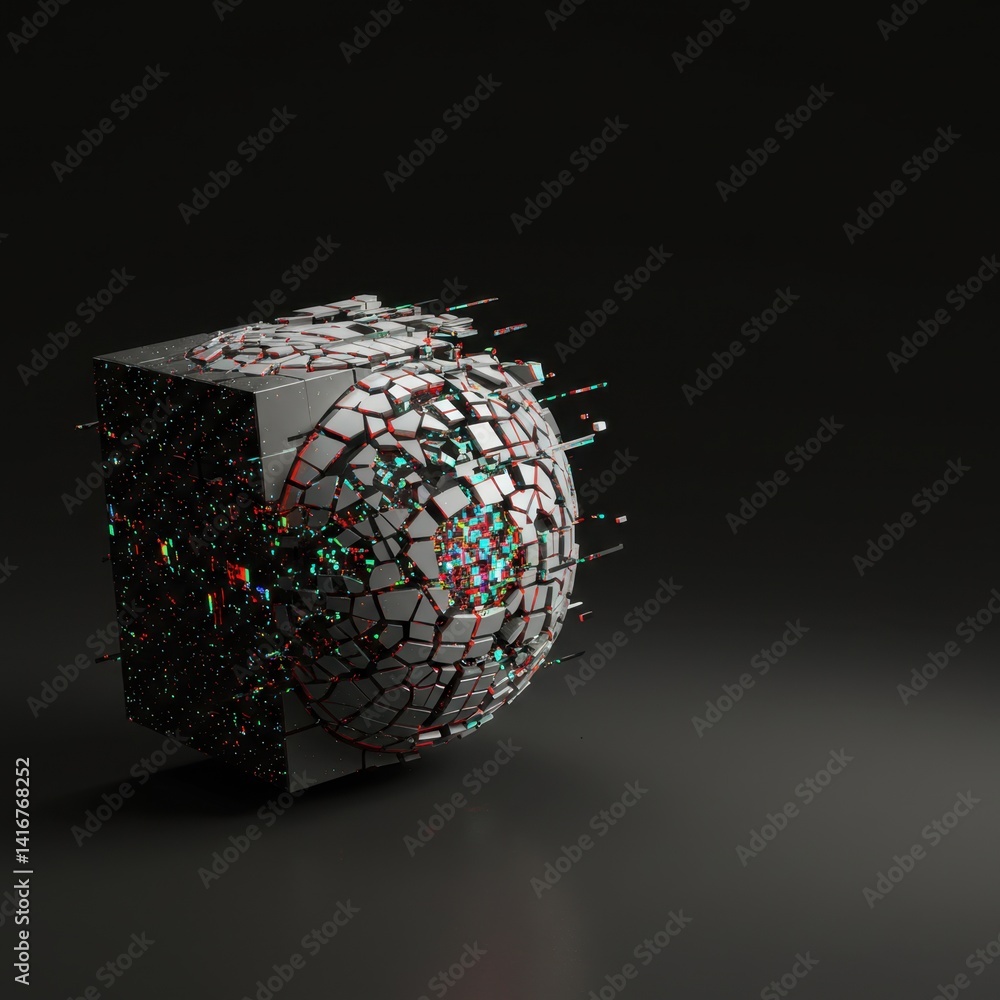 Poster abstract 3d render of shattered sphere emerging from cube glitch art digital fragmentation