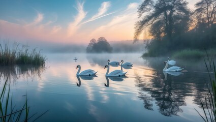 Swans Swim on Lake at Sunrise