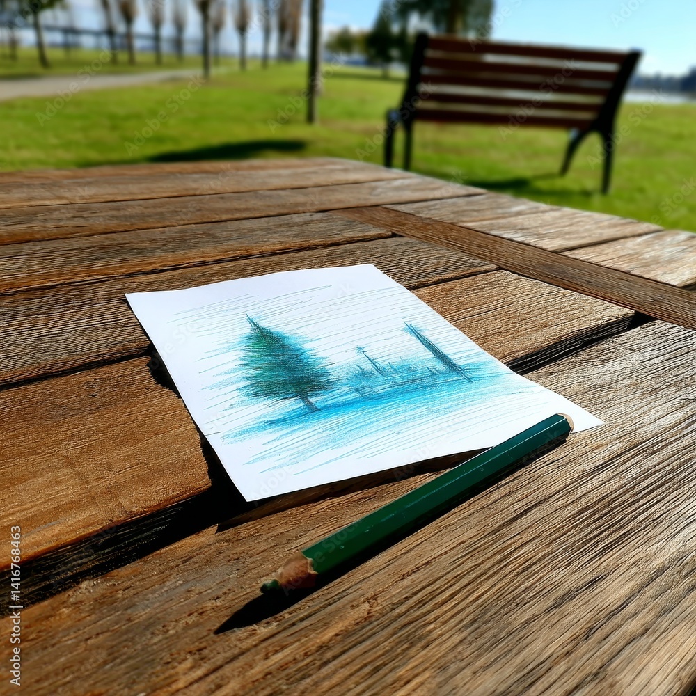 Poster drawing in the park: a pencil sketch of trees and a park scene on a rustic wooden table in bright su