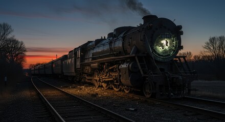Obraz premium Steam Train on Railroad Tracks at Dusk