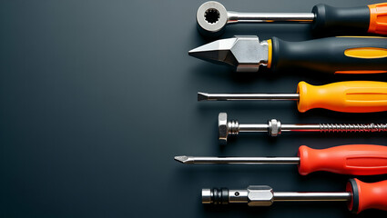 Professional composition featuring an assorted set of screwdrivers arranged systematically to emphasize precision engineering durability and functional design in  Photo Stock  Concept  and empty space