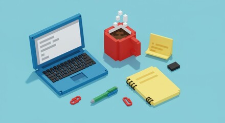 Playful Office Coffee Break Flat Lay in Retro 8 Bit Style Illustration