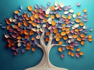 Colorful paper art tree with leaves in various shades of orange, purple, and white against a teal background.