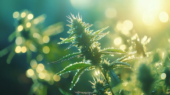Close-up of Cannabis Plant with Dew Drops Sparkling in Sunlight