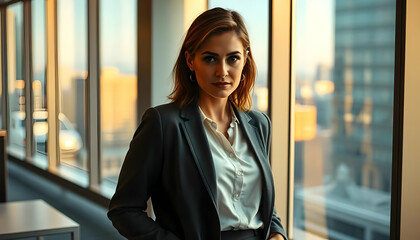 Professional Woman in Business Attire with City View at Sunset