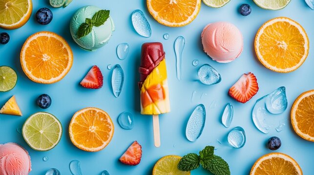 Flat lay of citrus fruits and popsicle on vibrant blue background