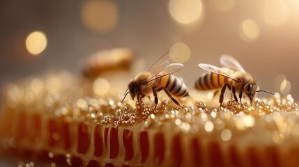 Close-up of two honey bees collecting nectar on a golden honeycomb with sparkling bokeh background du sunny daylight