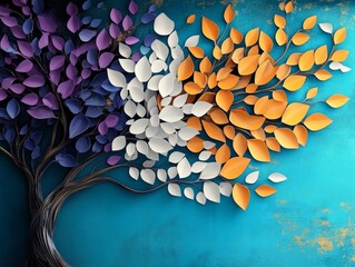 A stylized vibrant tree with a whimsical design flourishes, its leaves awash in a spectrum of colors against a textured backdrop.