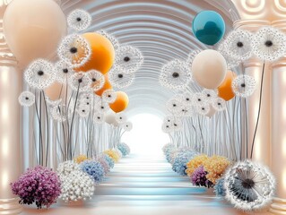 A whimsical and artistic illustration, with vibrant colors of dandelions and balloons, forming an otherworldly, ethereal corridor, with arches and columns of a building. 