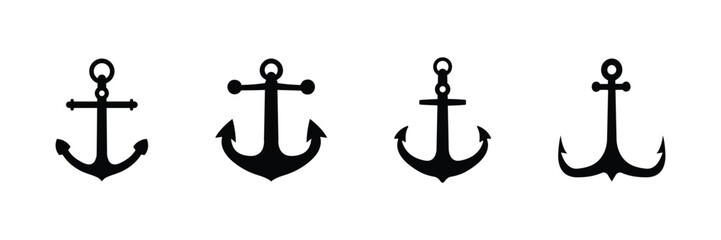 Set of anchor icon. Nautical anchor symbol for Marine, sailing, ship, boat or sea transportation. Collection of vintage anchor silhouette icon isolated on white background