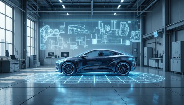 Innovative electric vehicle design automotive workshop digital visualization modern industry side view futuristic concept
