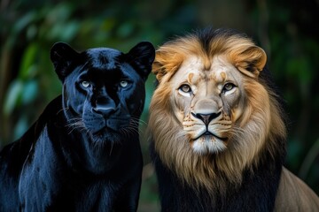 Fototapeta premium Majestic Panther and Lion Posing Together in Nature's Splendor