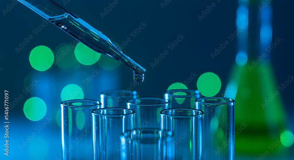 Poster close up image of blue lit test tubes with dropper and conical flask in blurred background
