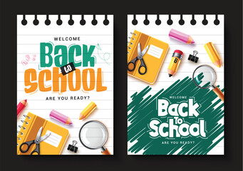 Welcome back to school greeting clipart poster set design. School greeting text in notebook paper space abstract background clip art collection with realistic educational supplies vector illustration.