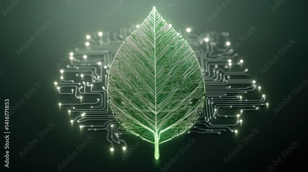 Poster green leaf with circuit background representing nature and technology fusion