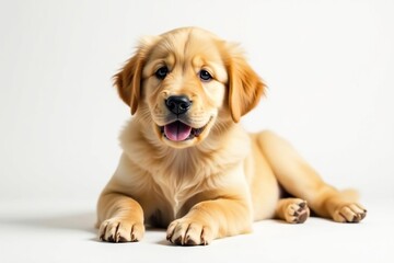 Golden retriever puppy lies on white backdrop, domestic, cute, white background
